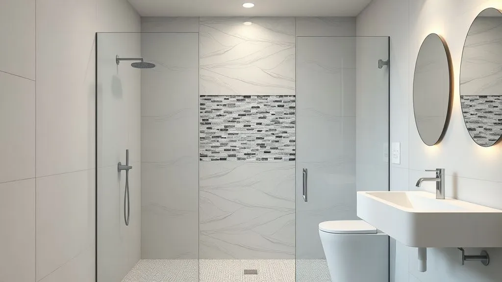 Master Bathrooms with Walk-In Showers 10 Modern walk-in shower with patterned tile accent wall and sleek minimalist fixtures.