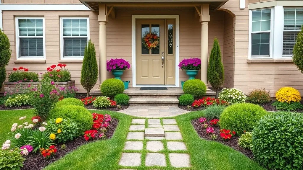 Tiny front yard garden with colorful flowers and neat pathways.