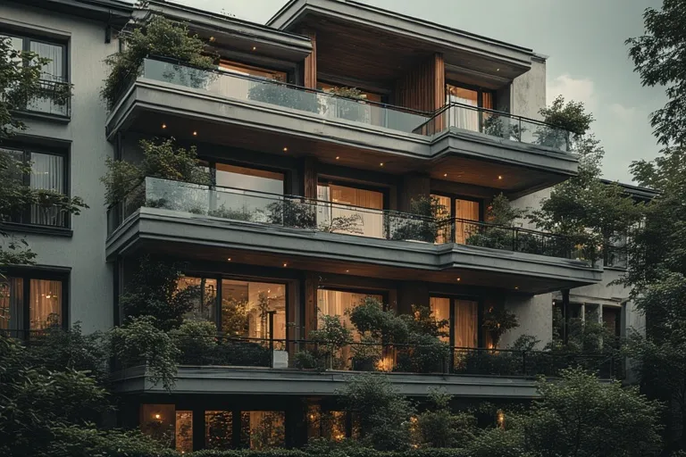 Chic Townhouse Exterior Designs 13 Full 16:9 view of townhouse with multiple balconies, glass railings, and modern architecture.