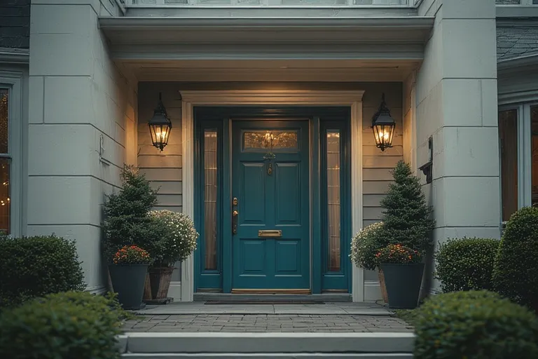 Chic Townhouse Exterior Designs 18 Full 16:9 view of modern townhouse with colorful front door and decorative plants.