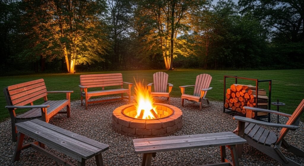 A circular brick fire pit surrounded by wooden chairs and glowing firelight.