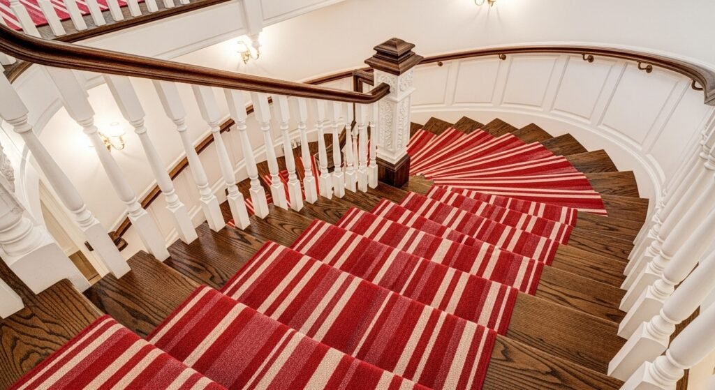 Creative Staircase Transformation Ideas 6 Classic staircase with a colorful striped runner rug.