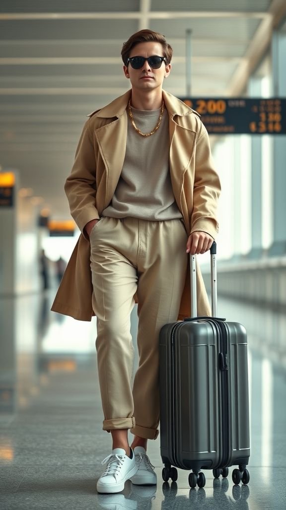 Outfit Ideas: Chic Looks for Every Season and Occasion 9 Travel outfit with neutral lounge set, trench coat, and sneakers.