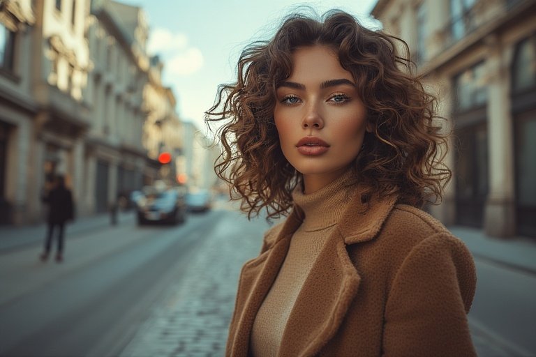 Modern woman with trendy hairstyle and chic fashion look posing confidently in city street.