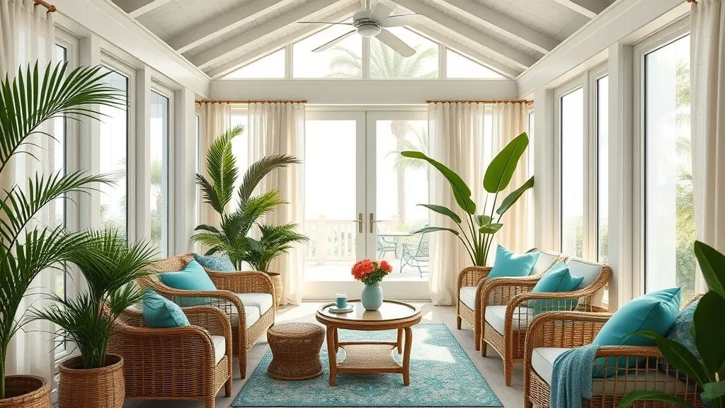 Bright & Cozy Sunroom Ideas 4 Tropical sunroom with rattan furniture, palm plants, and teal décor in bright natural light.