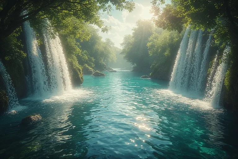 Beautiful Nature Ideas with Waterfalls 11 Twin waterfalls flowing into one pool surrounded by rocks and forest greenery.