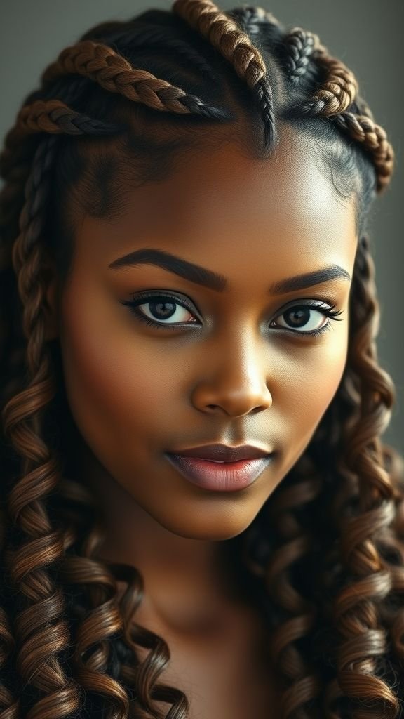 Braided & Curly Hairstyles 10 Woman with twisted braids blending into soft curls, creating a balanced and elegant hairstyle.