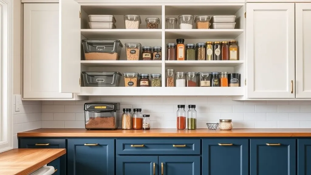 Kitchen Organization Ideas for a Clean and Functional Space 14 Two-tone kitchen with neatly organized pantry and labeled containers.