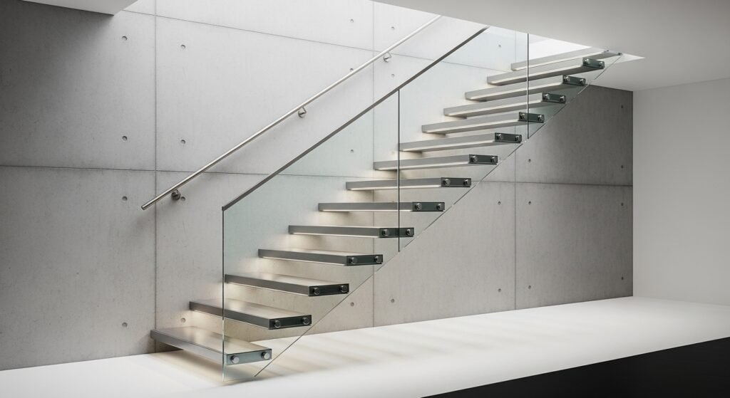 Creative Staircase Transformation Ideas 7 Modern floating staircase with glass railings and open steps.