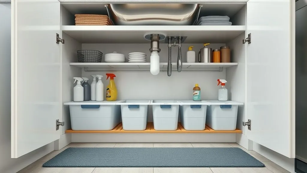Kitchen and Pantry Organization 9 Full-view under-sink storage with organized bins and drawers for cleaning supplies.