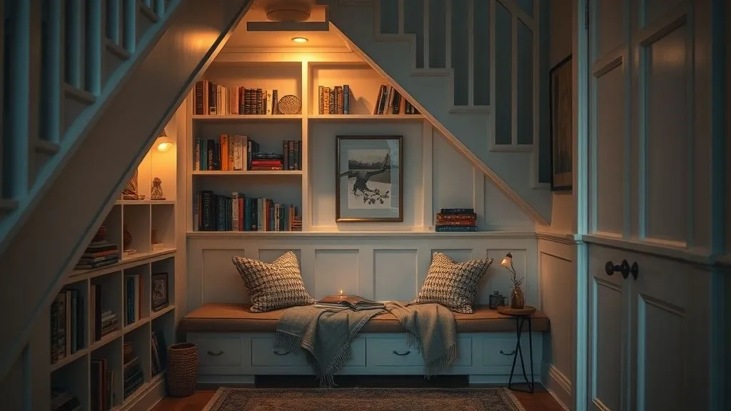 Beautiful and Cozy Reading Nook Ideas 6 Under-stairs reading nook with cushions, shelving, and warm lighting.