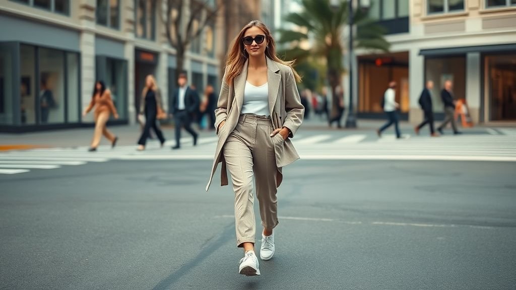 Street-style photo of a woman in blazer, high-waisted trousers, and sneakers walking confidently in the city.