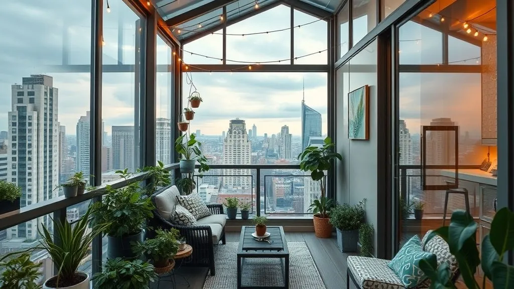 Bright & Cozy Sunroom Ideas 15 Urban glass-enclosed balcony sunroom with plants and city view.