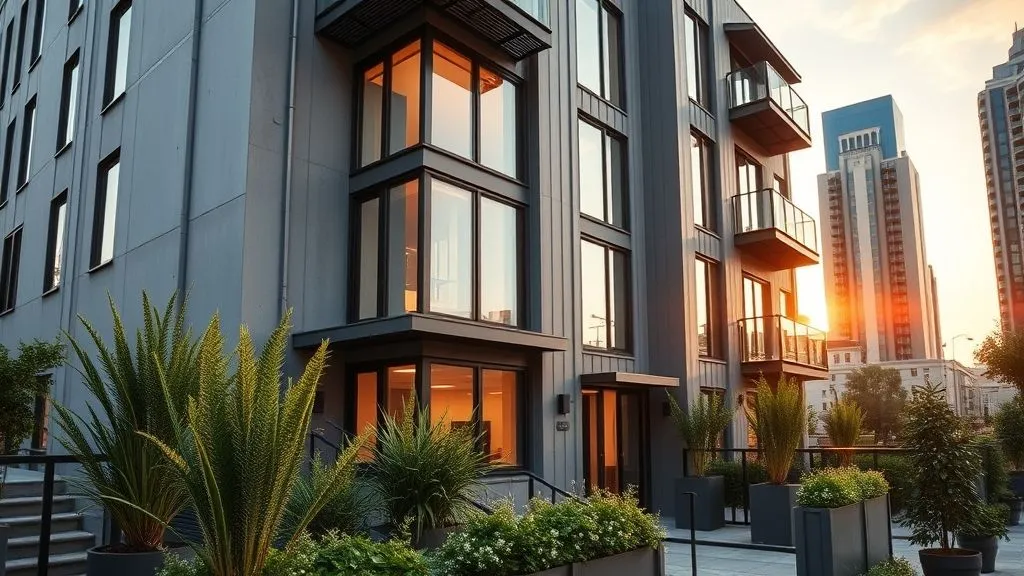 Stunning House Designs Exterior Ideas 15 Modern multi-story urban townhouse with metal and glass exterior, vertical garden planters, and golden-hour city lighting.