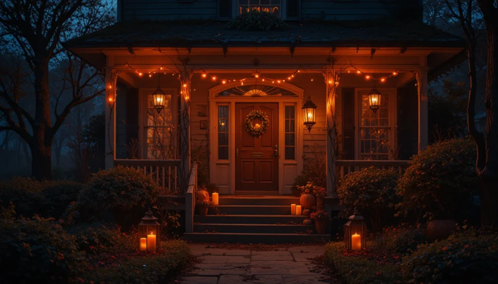 Halloween Porch & Outdoor Decorations 4 Halloween porch glowing with orange lights and lanterns for a moody atmosphere.