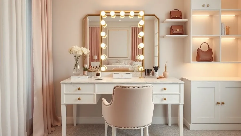 Full 16:9 view of a stylish vanity with modern design, makeup organizers, and elegant accessories.