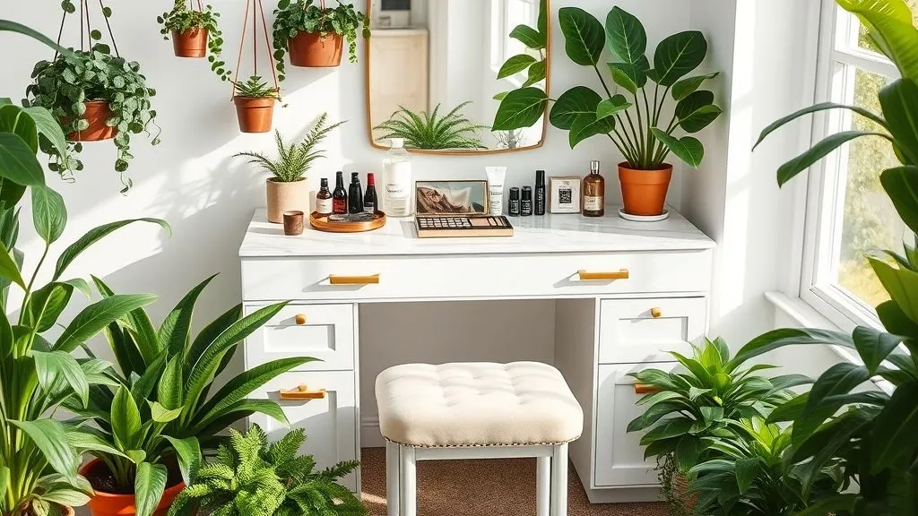 Vanity Decor Ideas for a Stylish Home 20 Full 16:9 vanity surrounded by plants with natural greenery, marble top, and styled décor.
