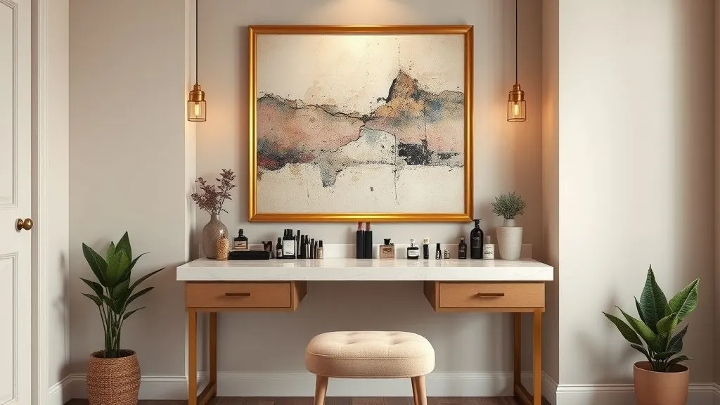 Vanity Decor Ideas for a Stylish Home 18 Full 16:9 vanity with artwork above, modern marble design, and styled makeup setup.