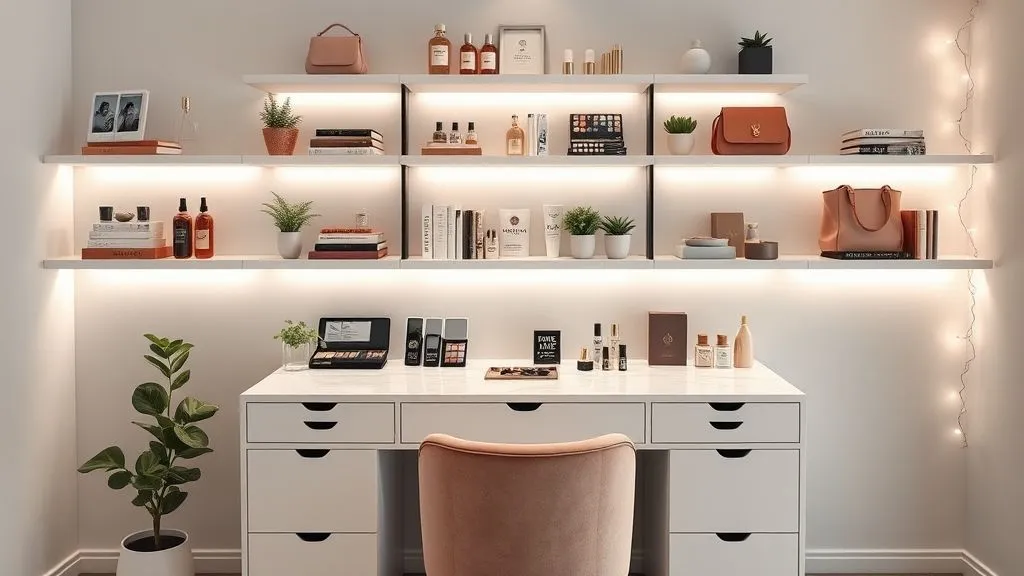 Vanity Decor Ideas for a Stylish Home 13 16:9 vanity with floating shelves, decorated with makeup, plants, and elegant storage.