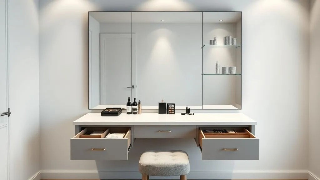 Vanity Decor Ideas for a Stylish Home 19 16:9 vanity with hidden storage drawers, sliding mirror cabinet, and neat makeup setup.