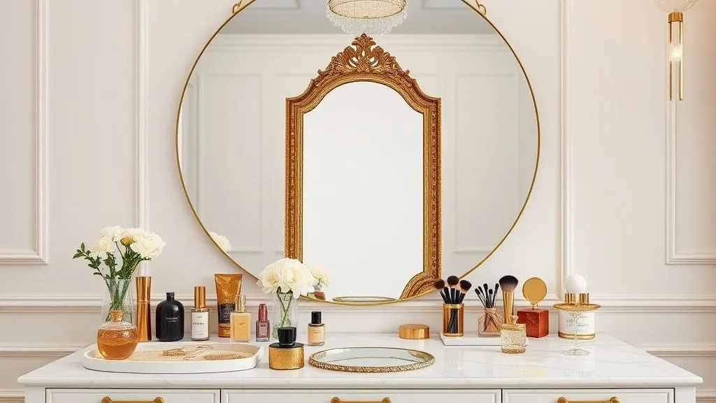 Vanity Decor Ideas for a Stylish Home 21 16:9 vanity with layered mirrors, marble counter, and full makeup styling in elegant décor.