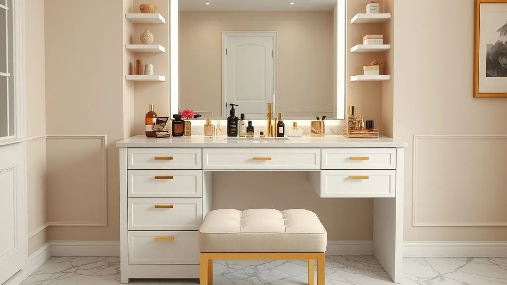 Vanity Decor Ideas for a Stylish Home 7 Full 16:9 vanity with marble countertop, gold accents, and luxury makeup setup.