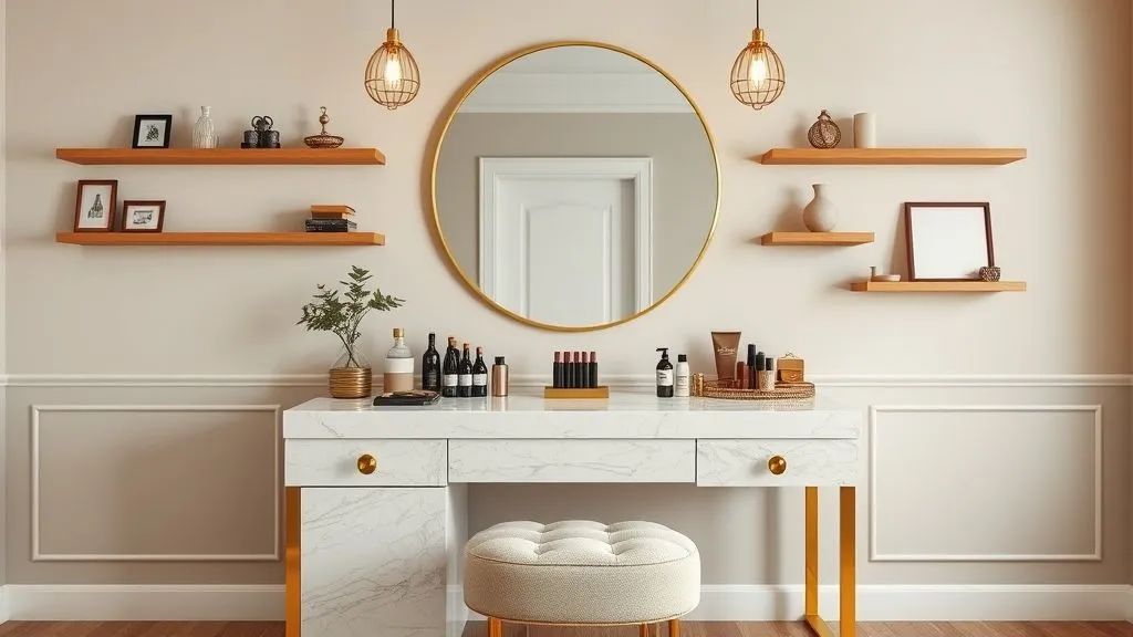 Vanity Decor Ideas for a Stylish Home 9 Full 16:9 vanity setup with round mirror, pendant lights, and decorated with makeup items.
