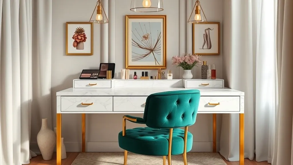 Vanity Decor Ideas for a Stylish Home 17 16:9 vanity with bold statement velvet chair, marble counter, and decorated makeup setup.