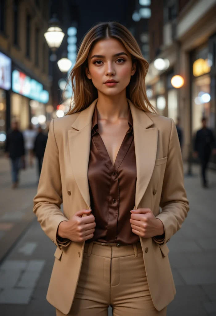 10+Office Siren Outfit Ideas 11 Chic woman transitioning from office to evening, wearing a silk blouse and heels, blending sophistication with after-hours glamour.