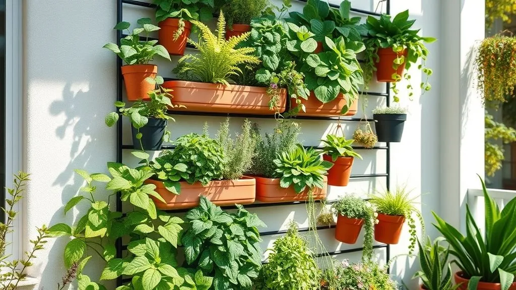 Vibrant vertical garden wall with stacked planters and hanging greenery on a modern patio.
