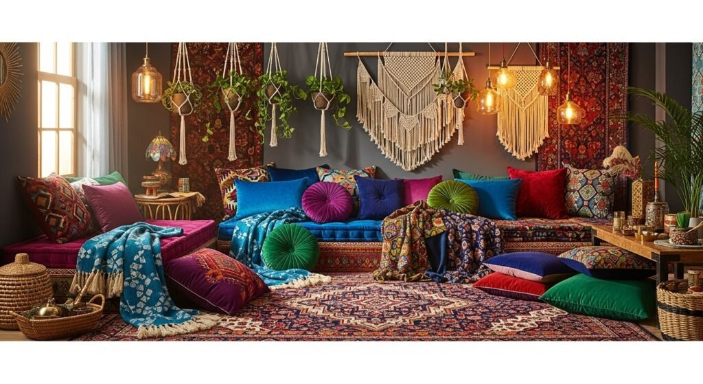 16 Stylish Ideas for Decorating with Comfy Floor Cushions 5 Bohemian room with jewel-toned velvet cushions and richly patterned textiles.