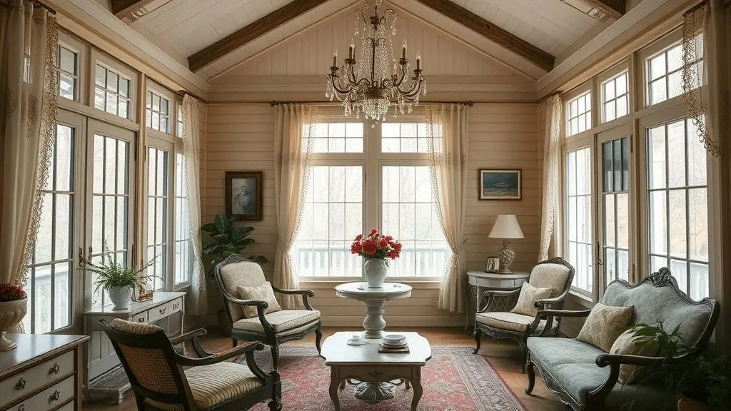 Bright & Cozy Sunroom Ideas 9 Vintage sunroom with antique furniture, lace curtains, and chandelier.