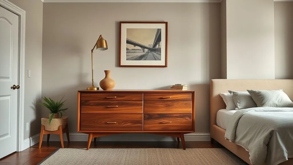 Stylish Mid-Century Modern Bedroom Ideas 7 Vintage mid-century dresser with brass handles and wooden nightstands in cozy bedroom.