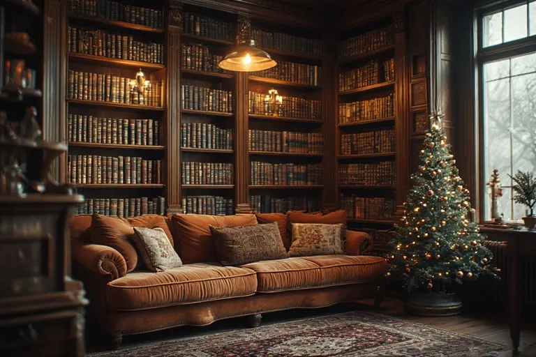 Christmas Reading Nook 7 Vintage library Christmas nook with bookshelves, velvet cushions, and brass lamp.