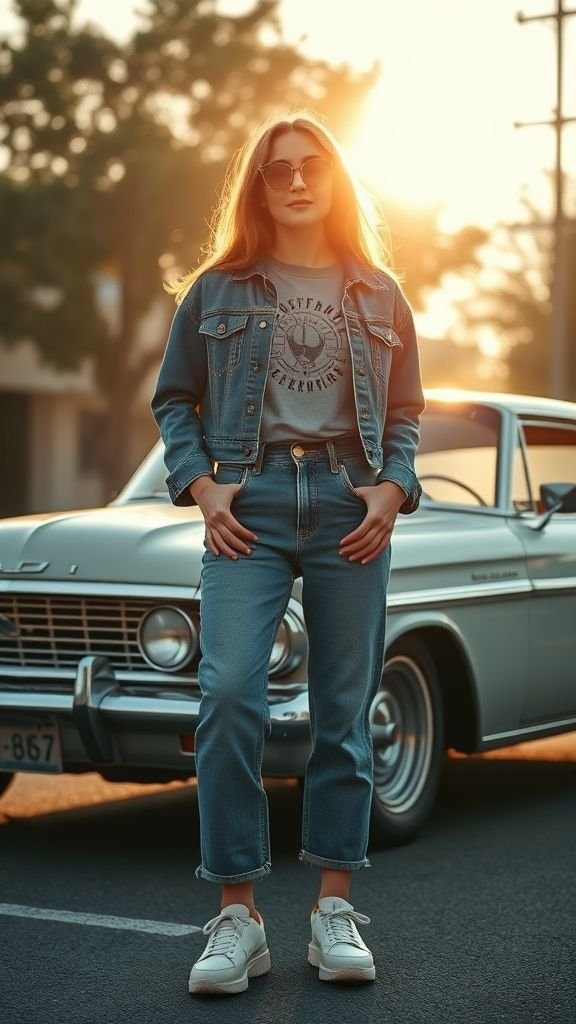 Street Style 2025: The New Era of Effortless Fashion 8 Woman in denim-on-denim and graphic tee standing beside a vintage car, reflecting 2000s-inspired street style revival.