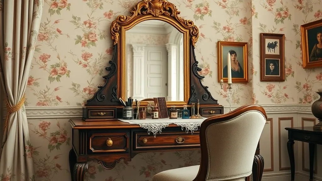 Vanity Decor Ideas for a Stylish Home 5 Full 16:9 vintage vanity with ornate mirror, antique furniture, and styled makeup accents.
