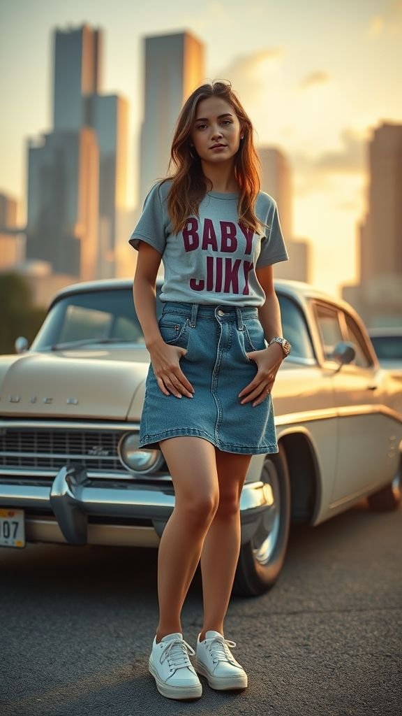 Street Style 2025: Bold Trends to Watch 10 Woman in denim skirt and graphic tee beside a vintage car representing the nostalgic Y2K revival in 2025 street style.
