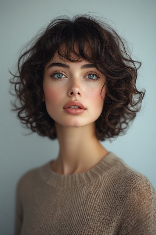 beautiful-curly-hair-looks 3 A woman with a short, voluminous curly bob hairstyle, showing off defined bouncy curls with a glossy finish.