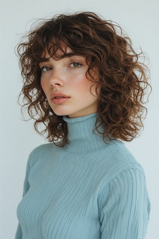 Beautiful curly airstyles for women 3 Woman with layered curly hair full of volume and texture in soft natural light.