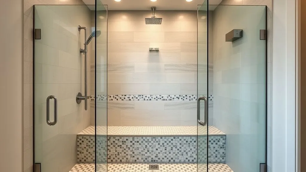 Master Bathrooms with Walk-In Showers 15 Walk-in shower with built-in bench and rainfall showerhead in a modern design.