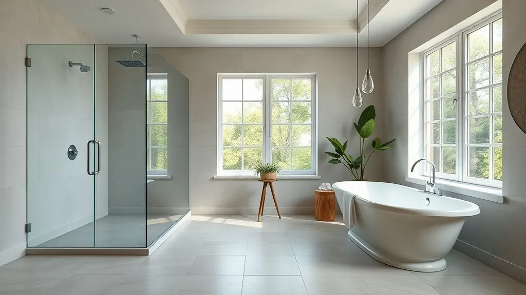 Master Bathrooms with Walk-In Showers 5 Elegant master bathroom with walk-in shower and freestanding tub in a bright, modern design.