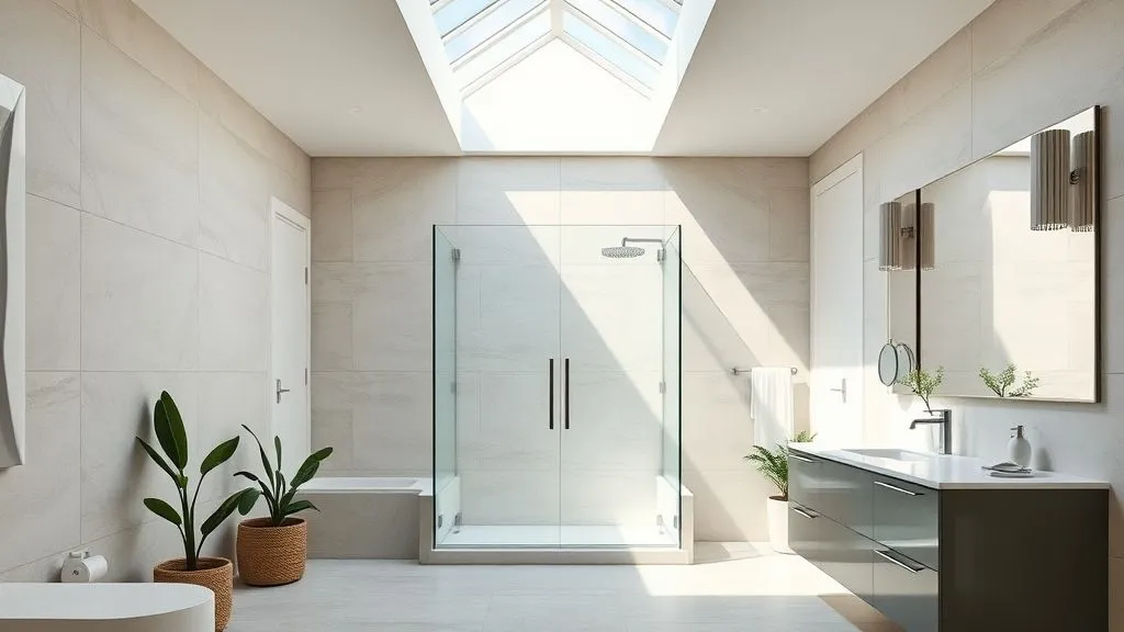 Master Bathrooms with Walk-In Showers 13 Walk-in shower illuminated by skylight with stone tiles and bright natural lighting.