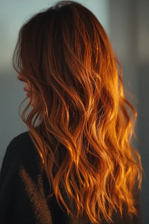 Caramel and copper highlighted hair glowing under autumn sunlight.