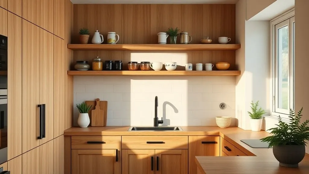 Kitchen Organization Ideas for a Clean and Functional Space 3 Warm wood-tone kitchen with black accents and open shelving styled with jars and greenery.
