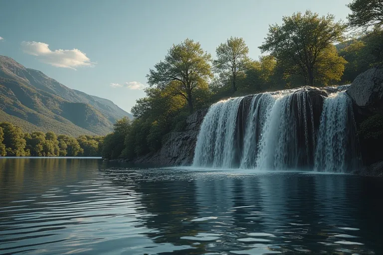 Beautiful Nature Ideas with Waterfalls 12 Small waterfall flowing into a calm reflective lake surrounded by mountains and trees.