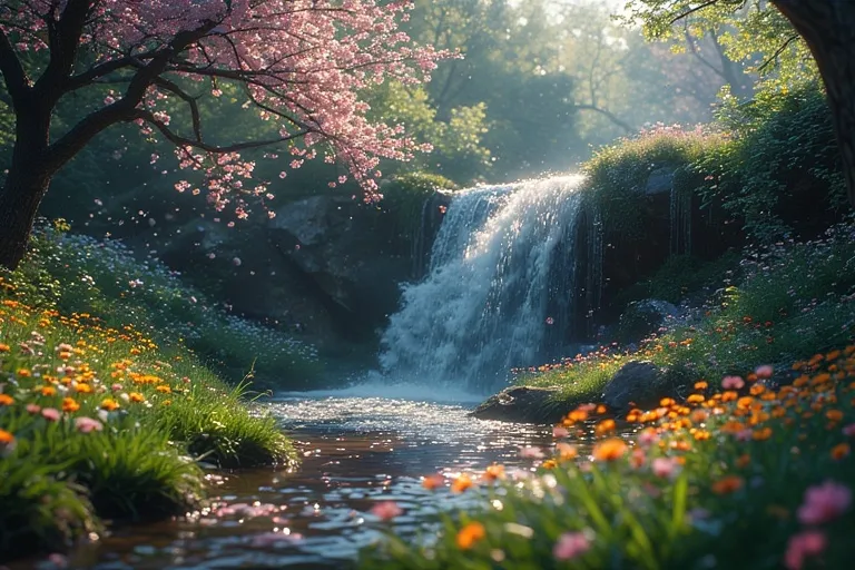 Beautiful Nature Ideas with Waterfalls 18 Waterfall surrounded by blooming wildflowers and lush green grass under sunlight.