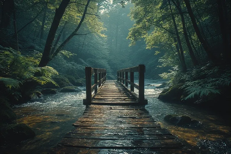 Beautiful Nature Ideas with Waterfalls 19 Wooden bridge crossing a small waterfall in a lush green forest.