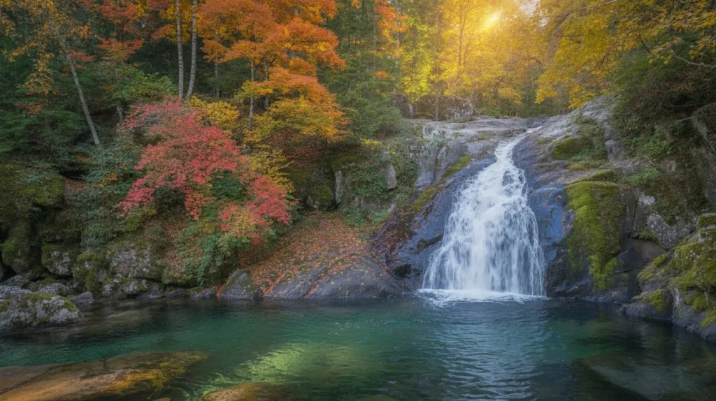 Beautiful Nature Ideas with Waterfalls 9 Autumn forest waterfall with colorful orange and red foliage and flowing stream.