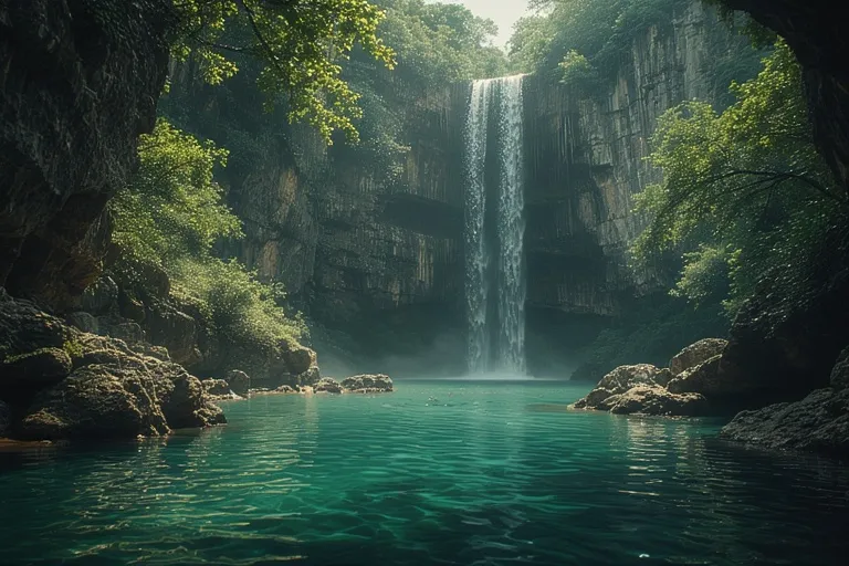Beautiful Nature Ideas with Waterfalls 20 Waterfall flowing into hidden lagoon surrounded by cliffs and dense greenery.