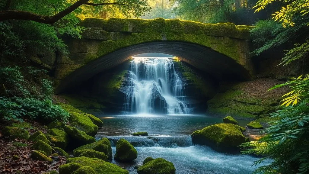 Beautiful Nature Ideas with Waterfalls 7 Waterfall flowing beneath a mossy natural stone bridge surrounded by forest.